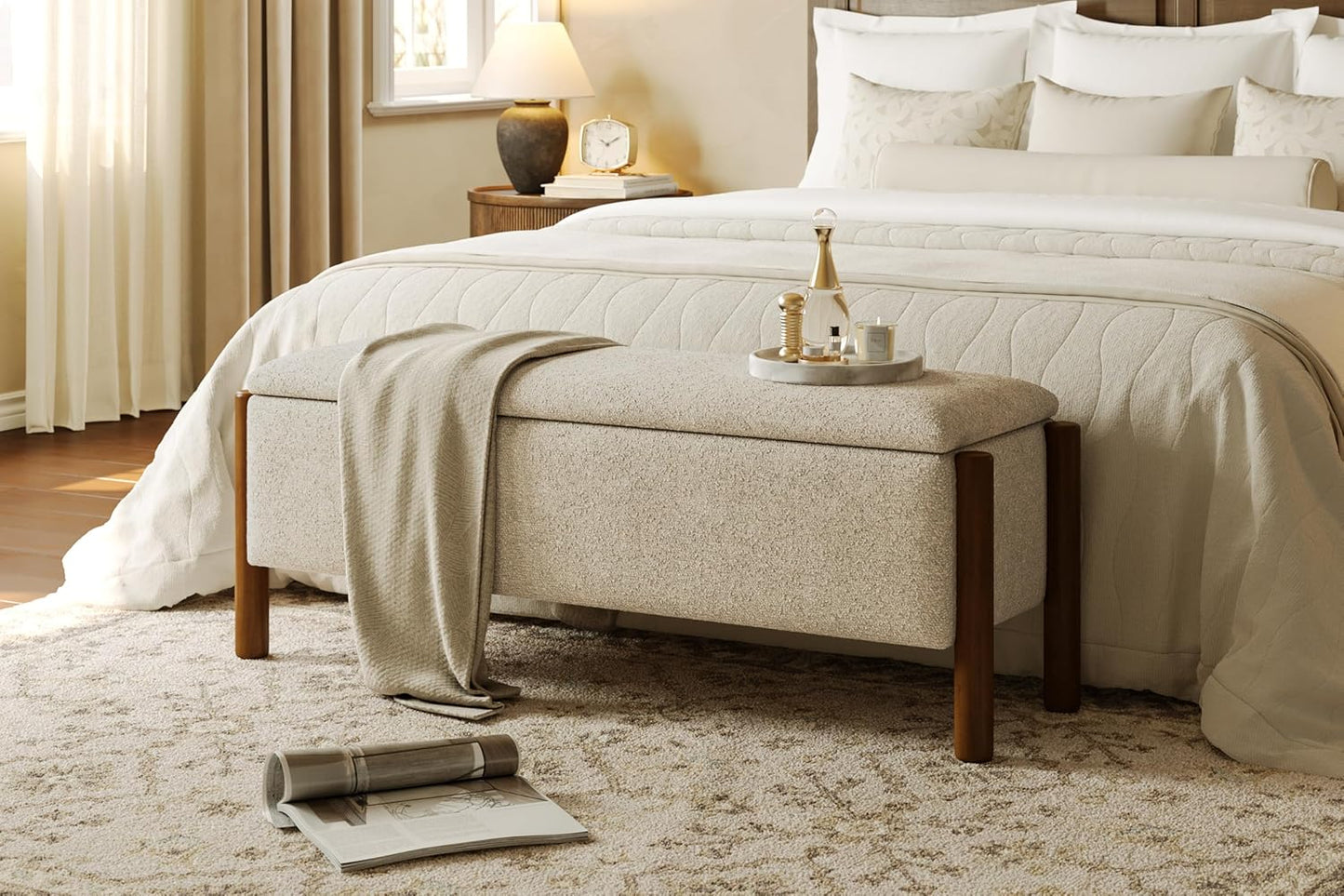 Modern Upholstered Storage Bench with Walnut Legs