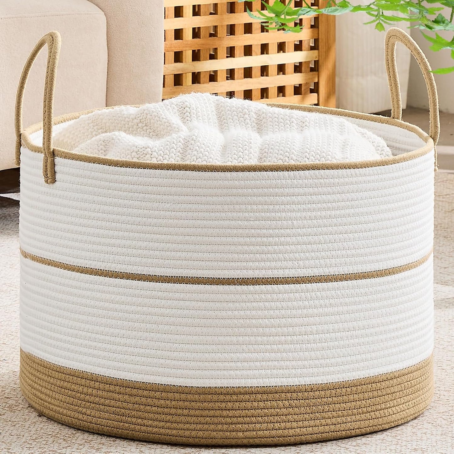 Large Cotton Rope Blanket Basket with Handles | Decorative Storage Basket