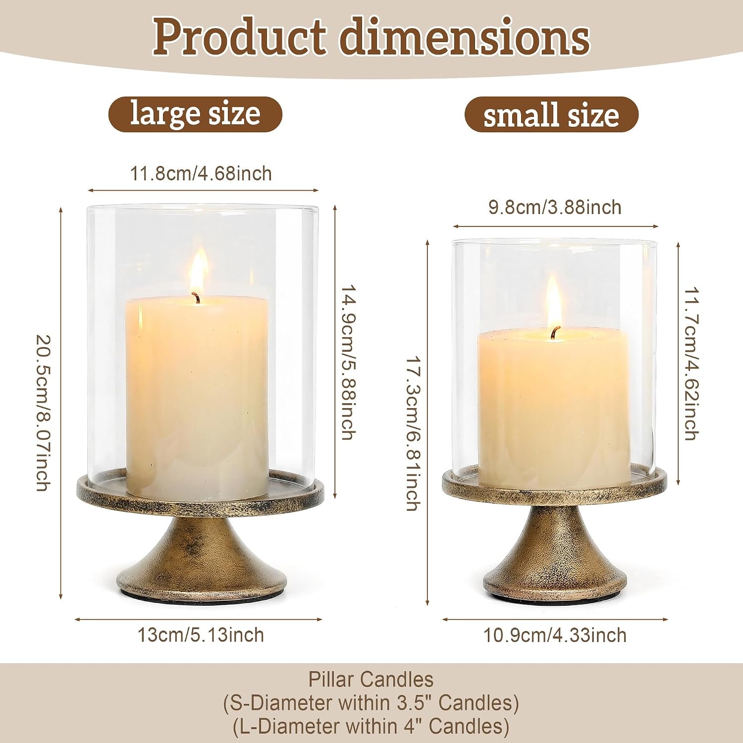 Set of 2 Hurricane Candle Holders with Glass Domes & Iron Bases