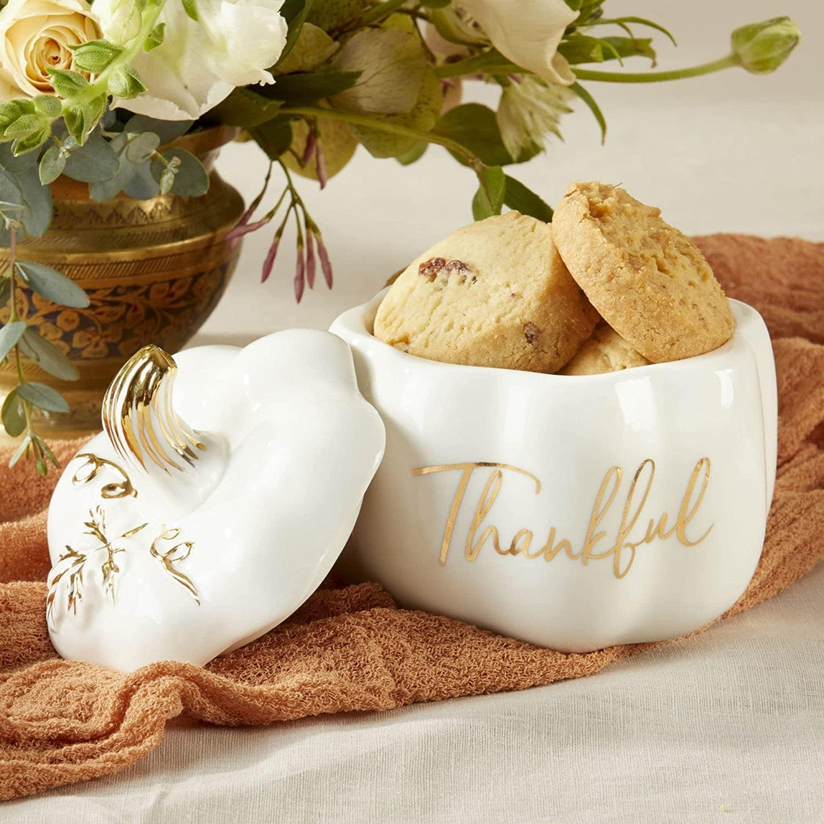 Thankful White Ceramic Pumpkin Bowl with Lid