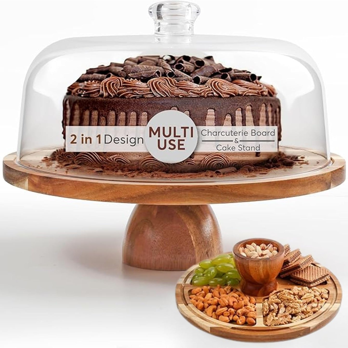 Acacia wood cake stand with clear acrylic dome lid for serving cakes and desserts.