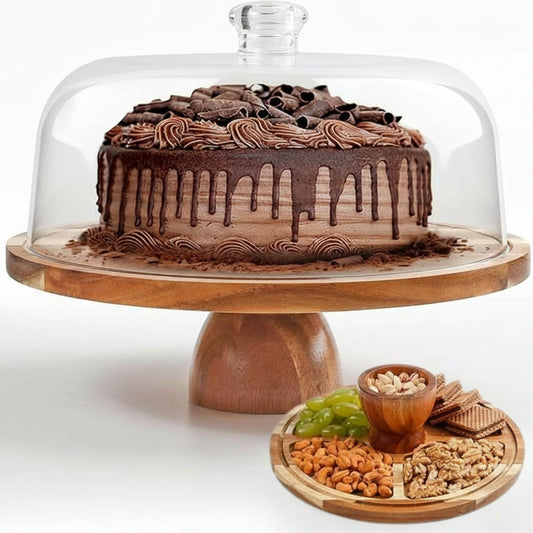 Acacia wood cake stand with clear acrylic dome lid for serving cakes and desserts.
