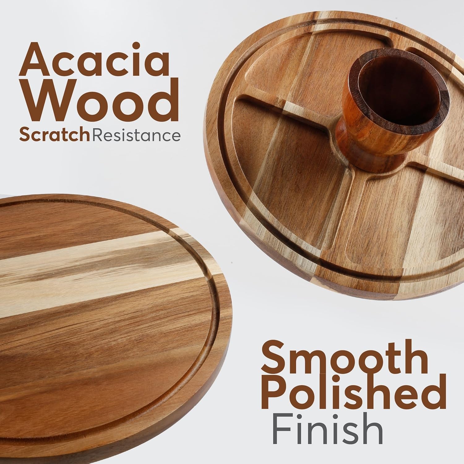 Close-up of the polished acacia wood cake stand with natural wood grain.
