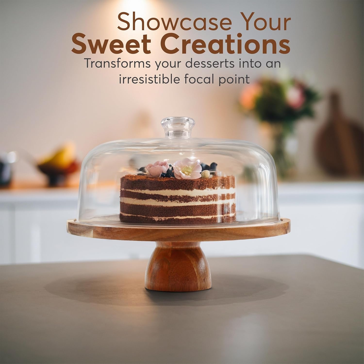 Lightweight shatterproof acrylic dome lid for cakes, pastries, and desserts.