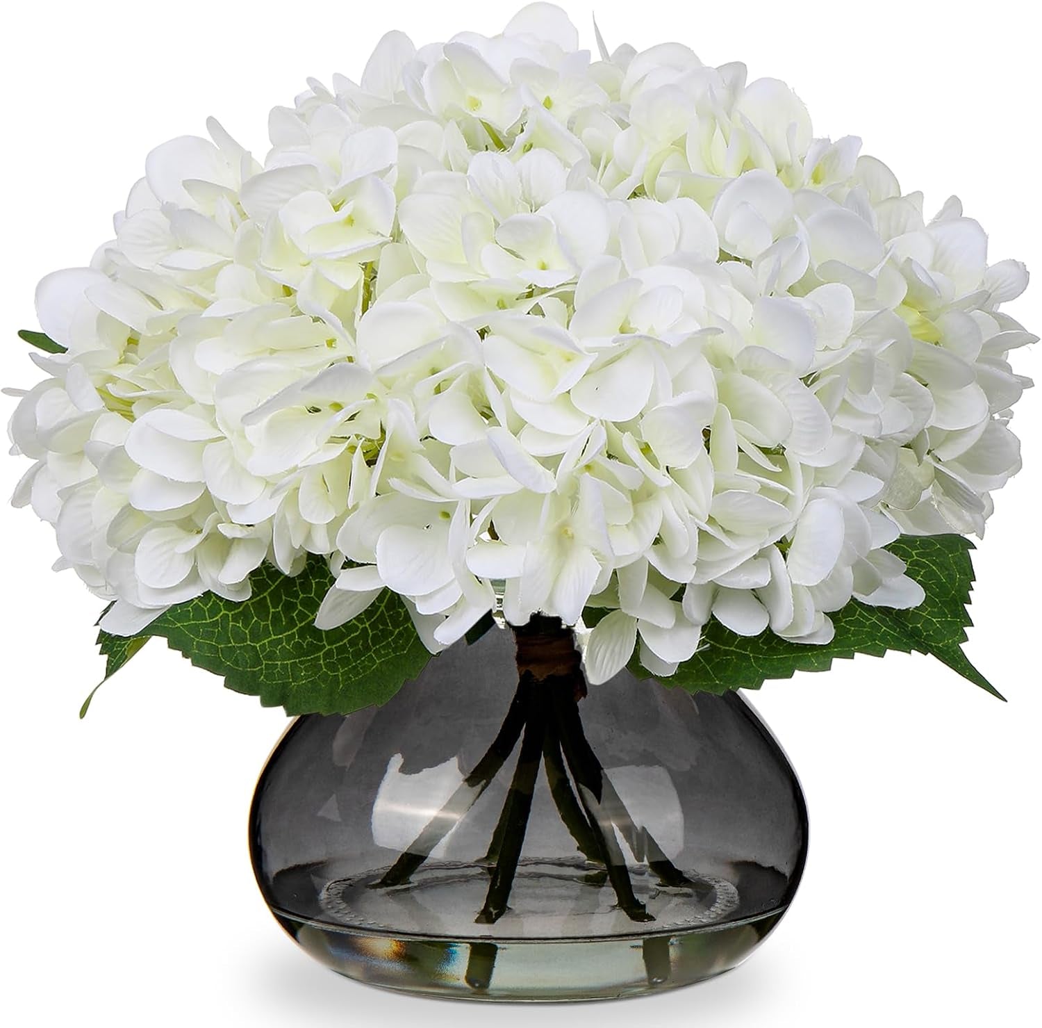 Faux White Hydrangea Arrangement in Glass Vase