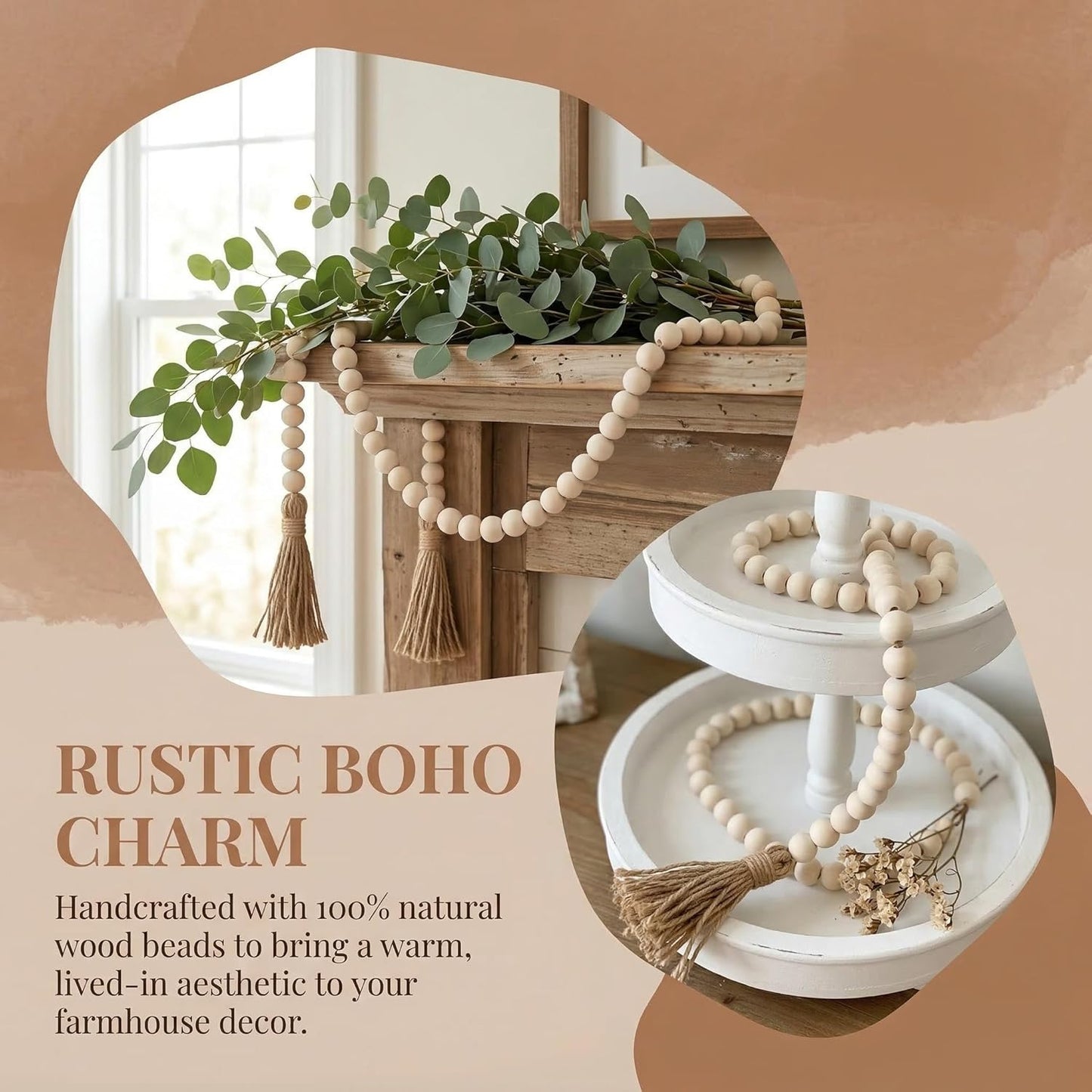 Farmhouse Wood Bead Garland | Rustic Wooden Beads with Tassels