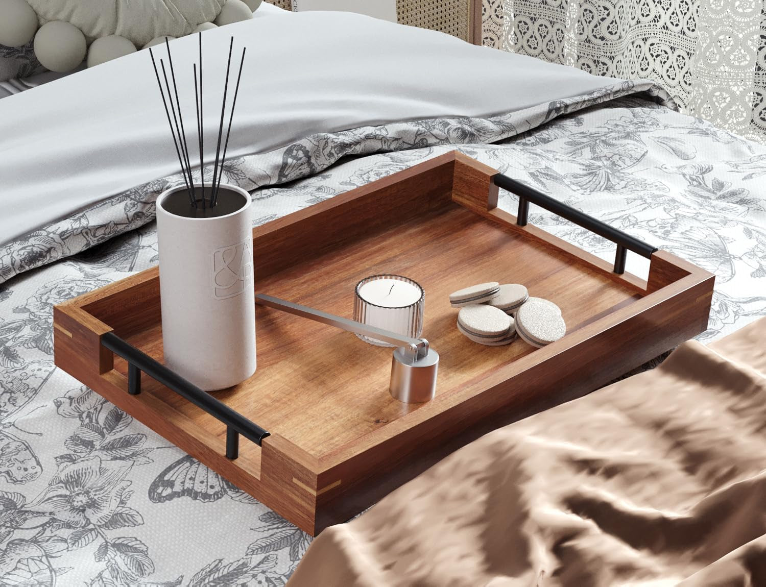 Acacia Wood Decorative Serving Tray with Metal Handles