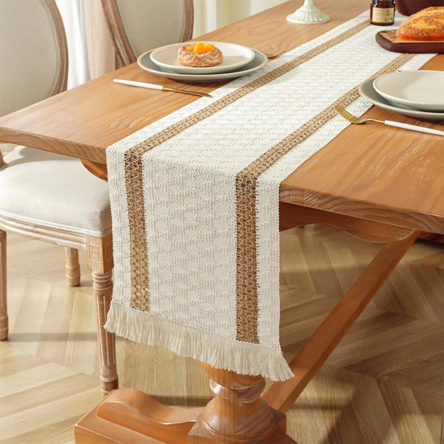 Neutral Boho Cotton Table Runner – Farmhouse Dining Décor