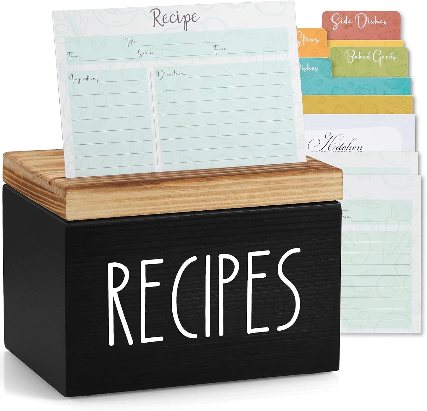 Black farmhouse wooden recipe box with recipe cards and category dividers.