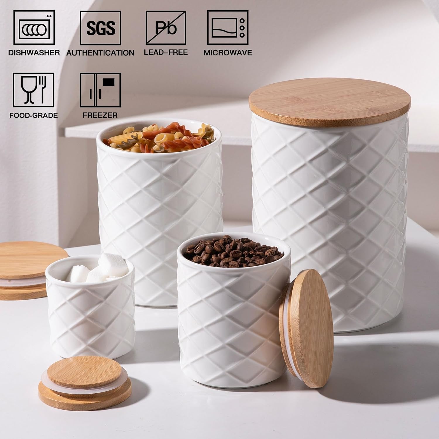 Embossed Ceramic Kitchen Canister Set with Bamboo Lids
