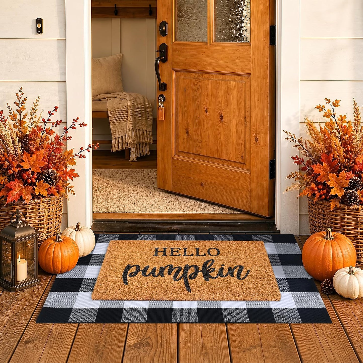 Fall Coir Welcome Mat & Plaid Rug Set