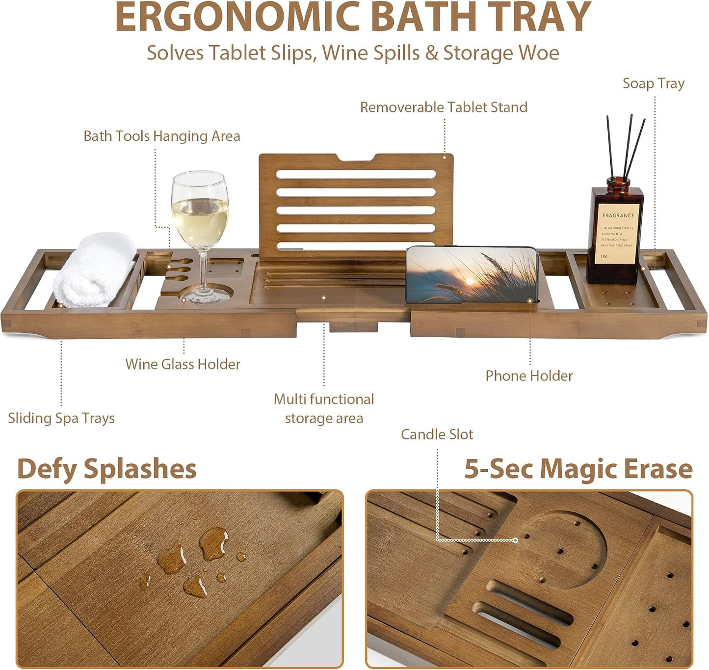 Expandable Bamboo Bathtub Caddy Tray