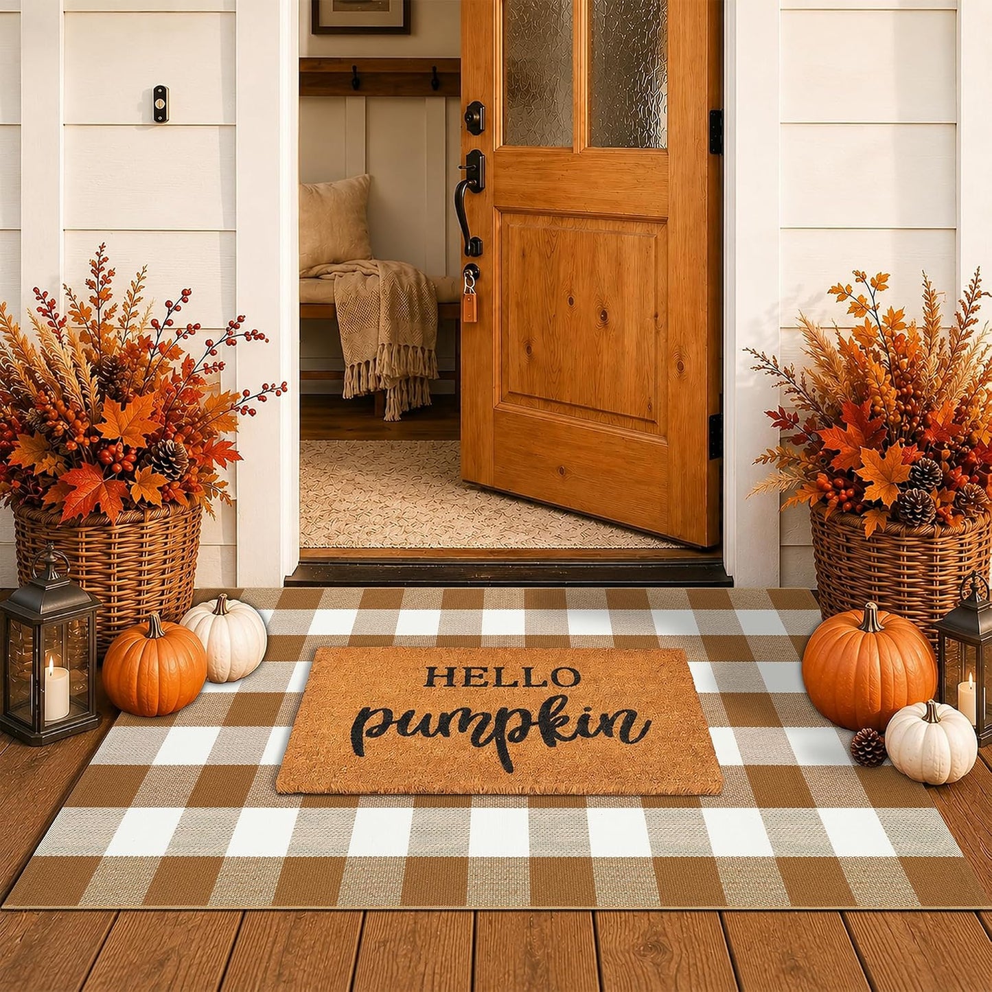 Fall Coir Welcome Mat & Plaid Rug Set