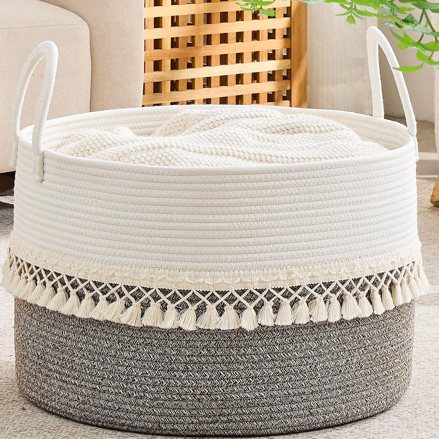 Large Cotton Rope Blanket Basket with Handles | Decorative Storage Basket