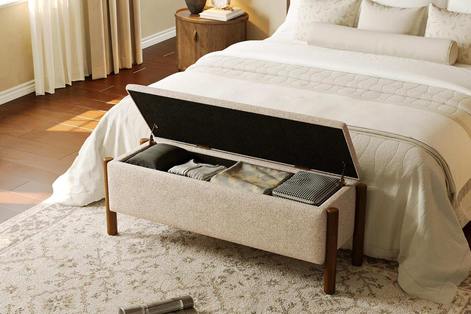 Modern Upholstered Storage Bench with Walnut Legs