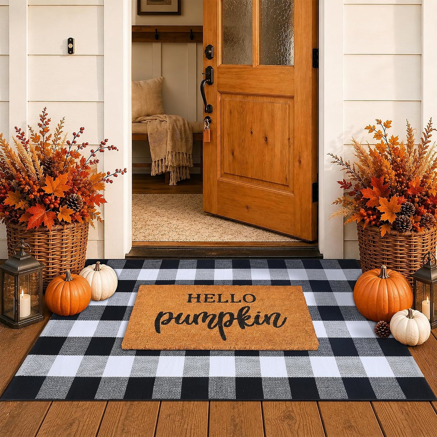 Fall Coir Welcome Mat & Plaid Rug Set