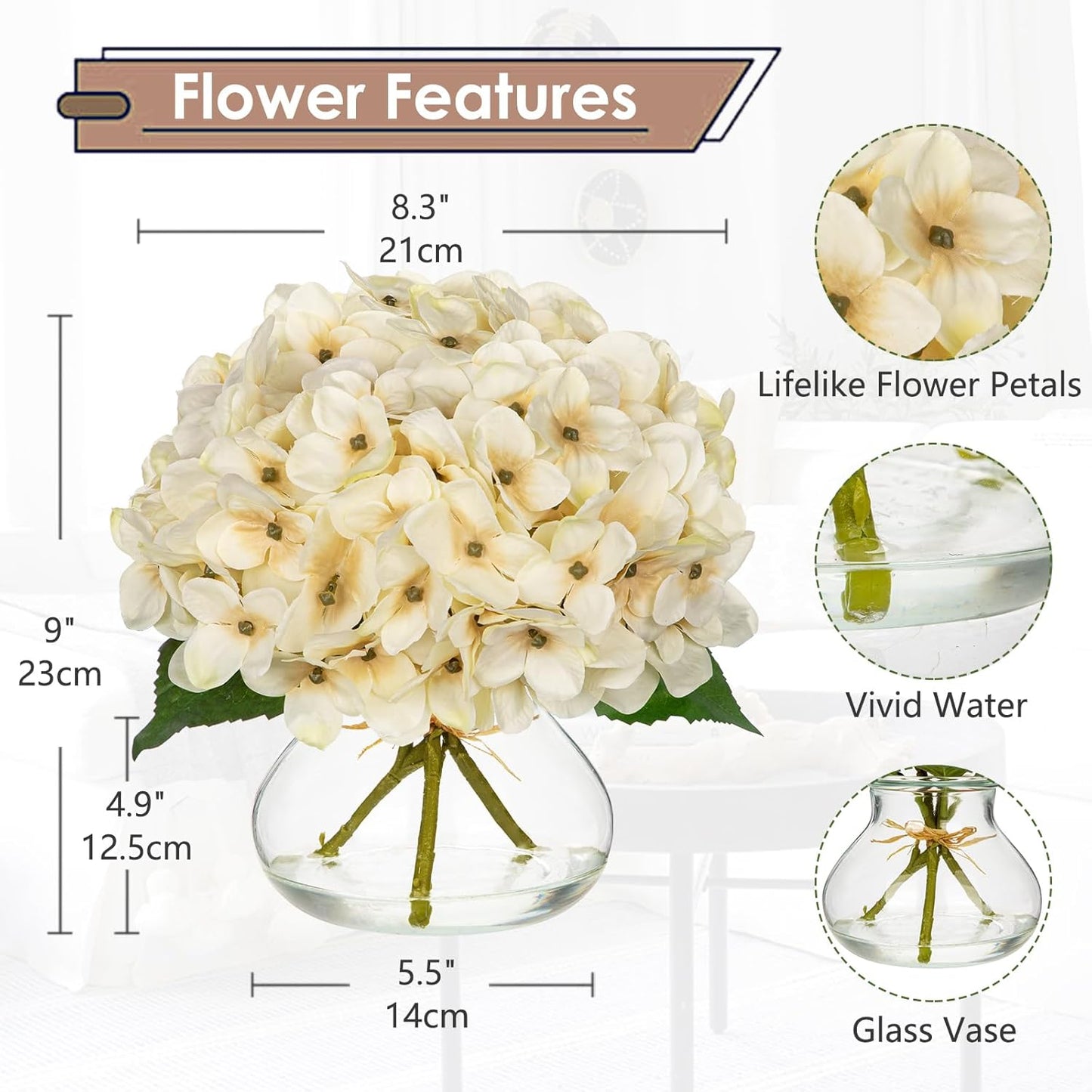 Faux White Hydrangea Arrangement in Glass Vase