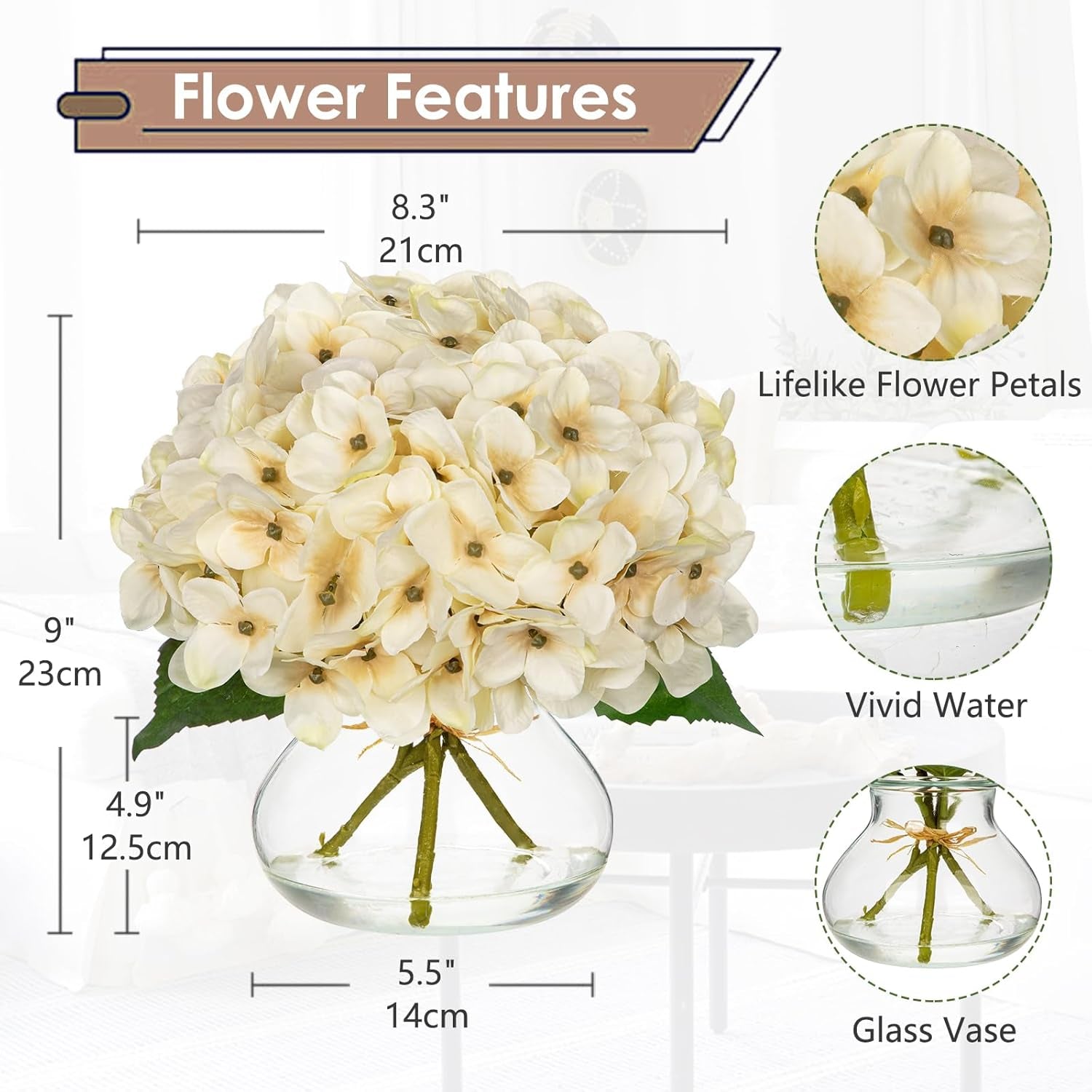 Faux White Hydrangea Arrangement in Glass Vase