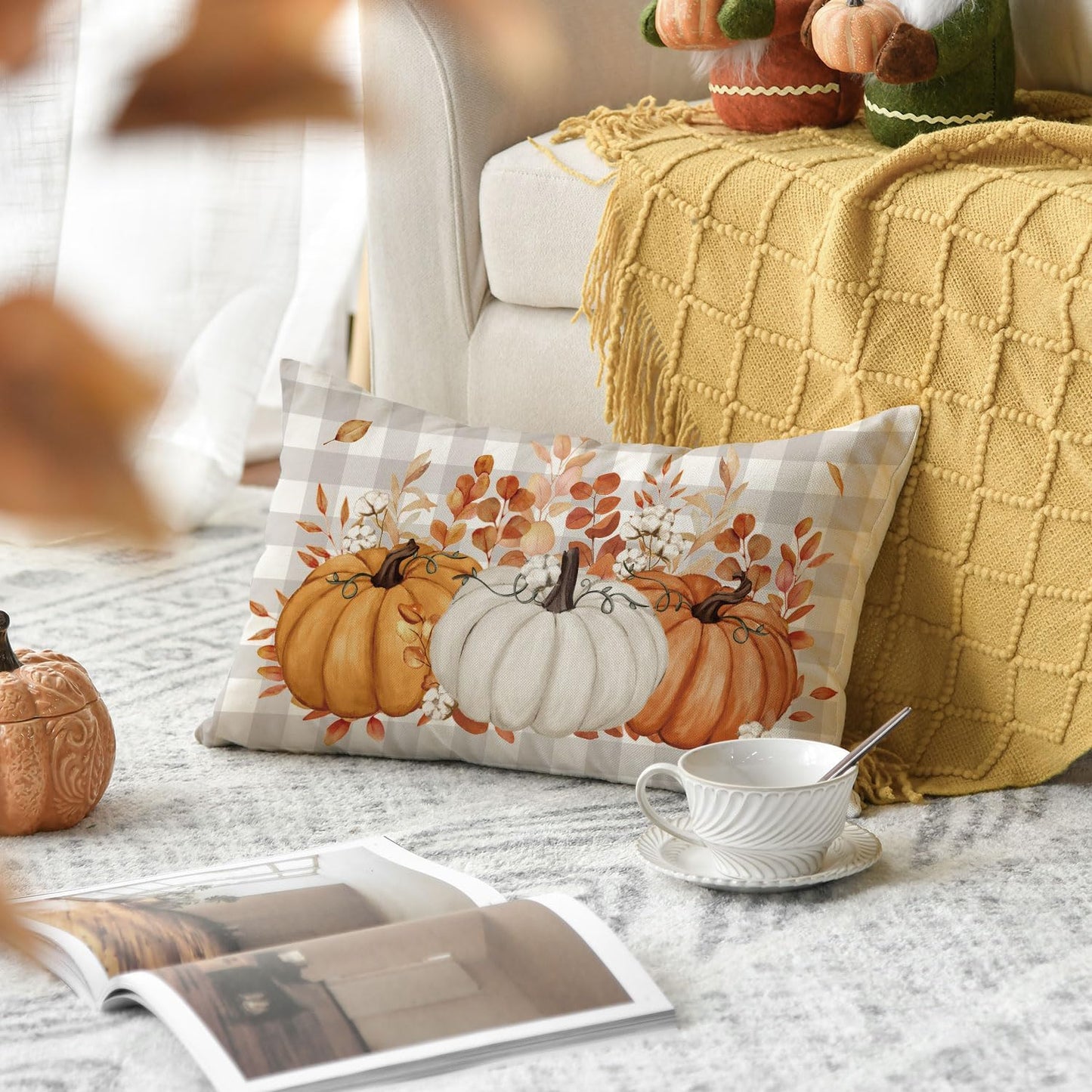 Fall Pumpkin Plaid Throw Pillow Cover – 12" x 20"