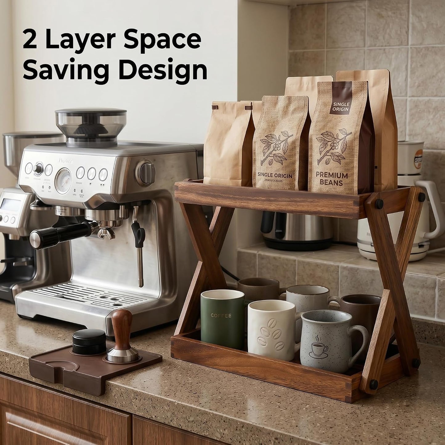 2-Tier Wood Countertop Organizer Shelf for Kitchen & Coffee Bar
