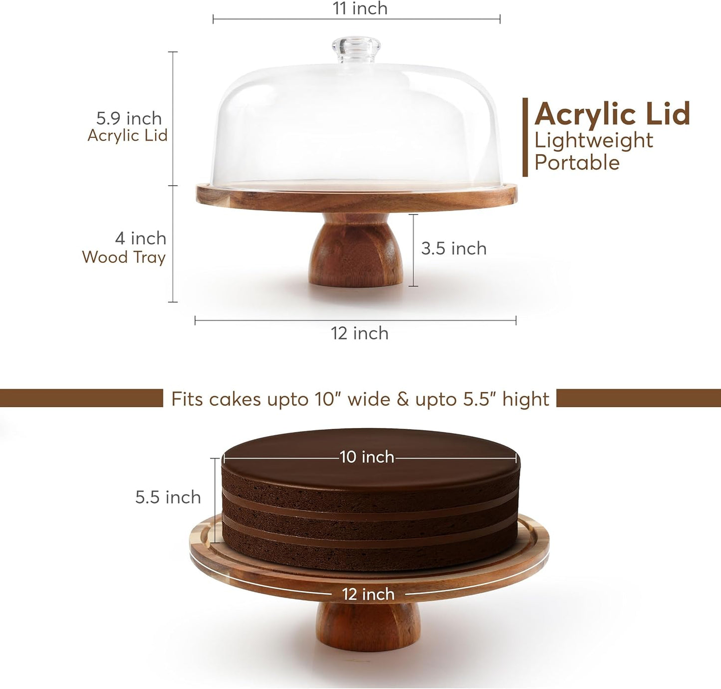 Acacia wood cake stand with acrylic dome showing dimensions and cake size capacity.