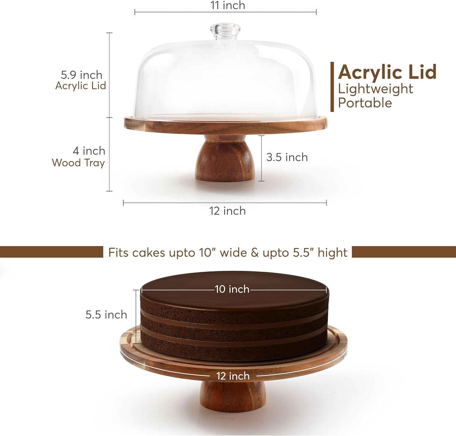 Acacia wood cake stand with acrylic dome showing dimensions and cake size capacity.