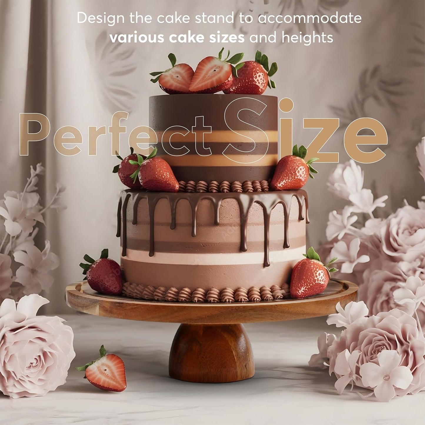 Acacia wood cake stand with acrylic dome displaying a decorated chocolate cake.
