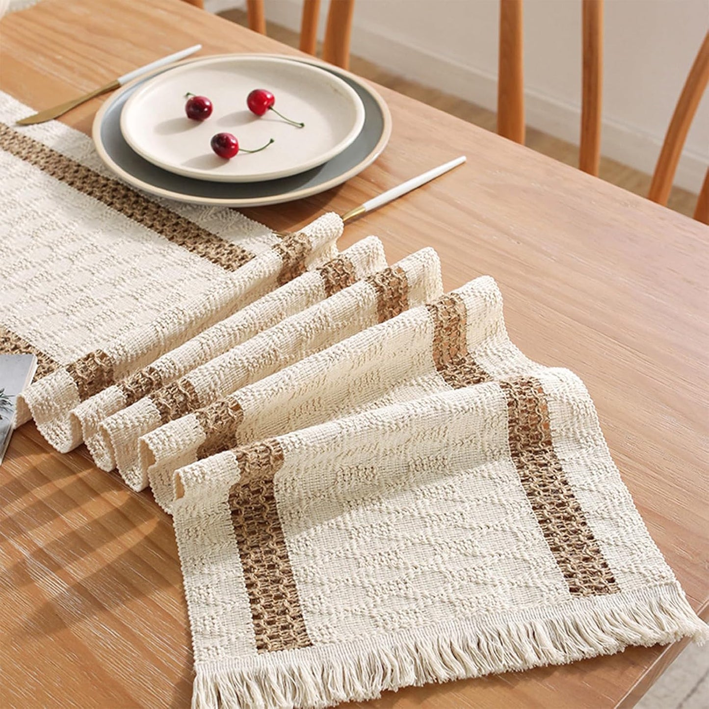 Neutral Boho Cotton Table Runner – Farmhouse Dining Décor
