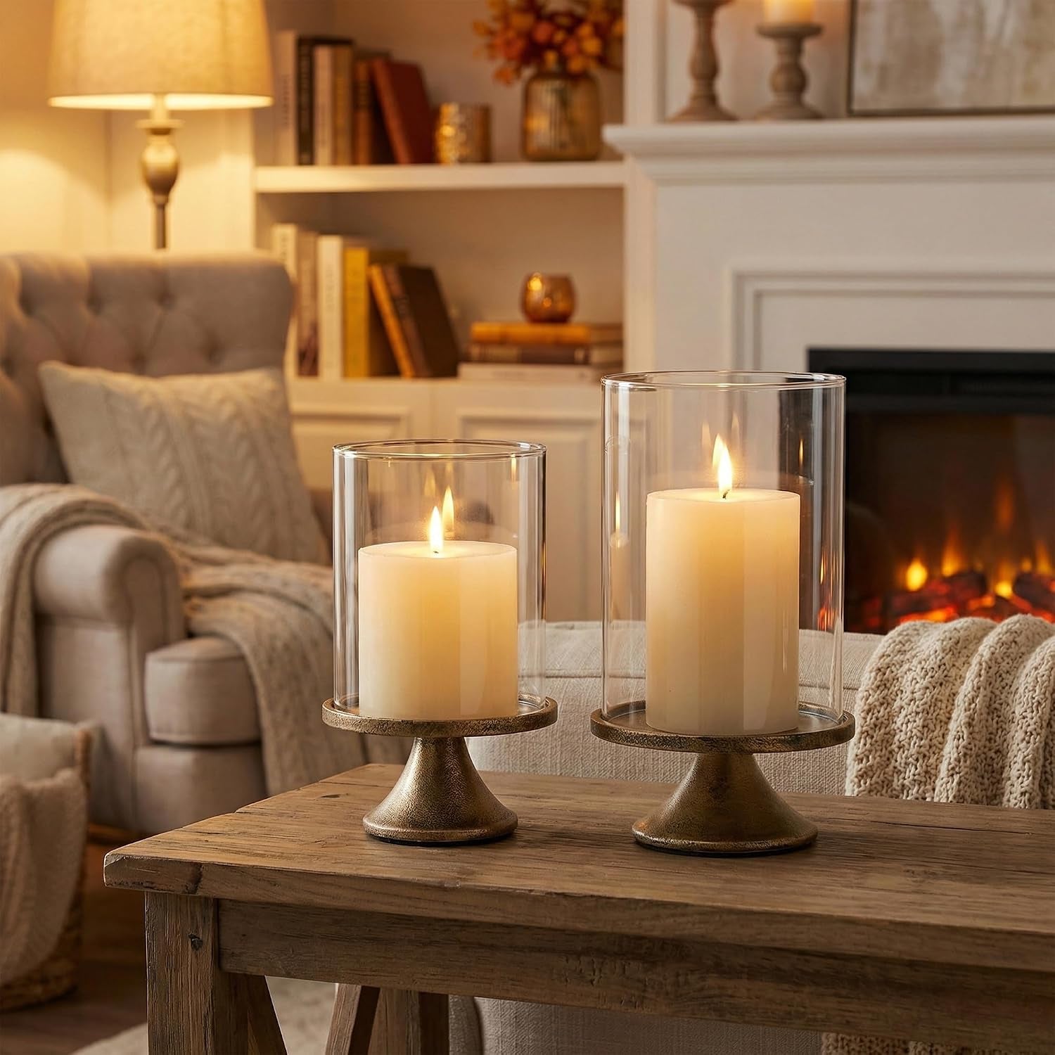 Set of 2 Hurricane Candle Holders with Glass Domes & Iron Bases
