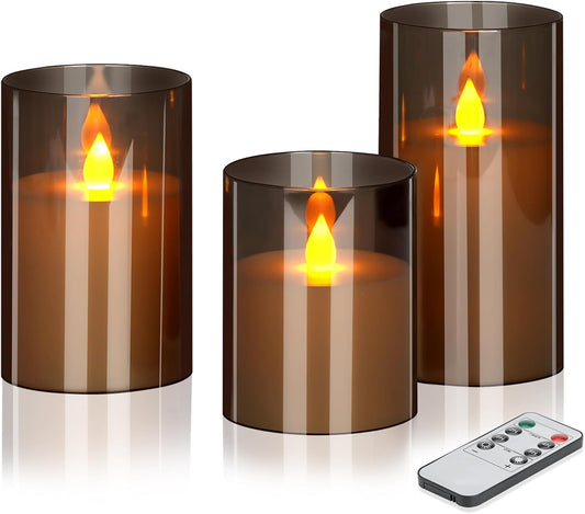 Smoked Glass Flameless LED Candle Set with Remote – 3 Pack
