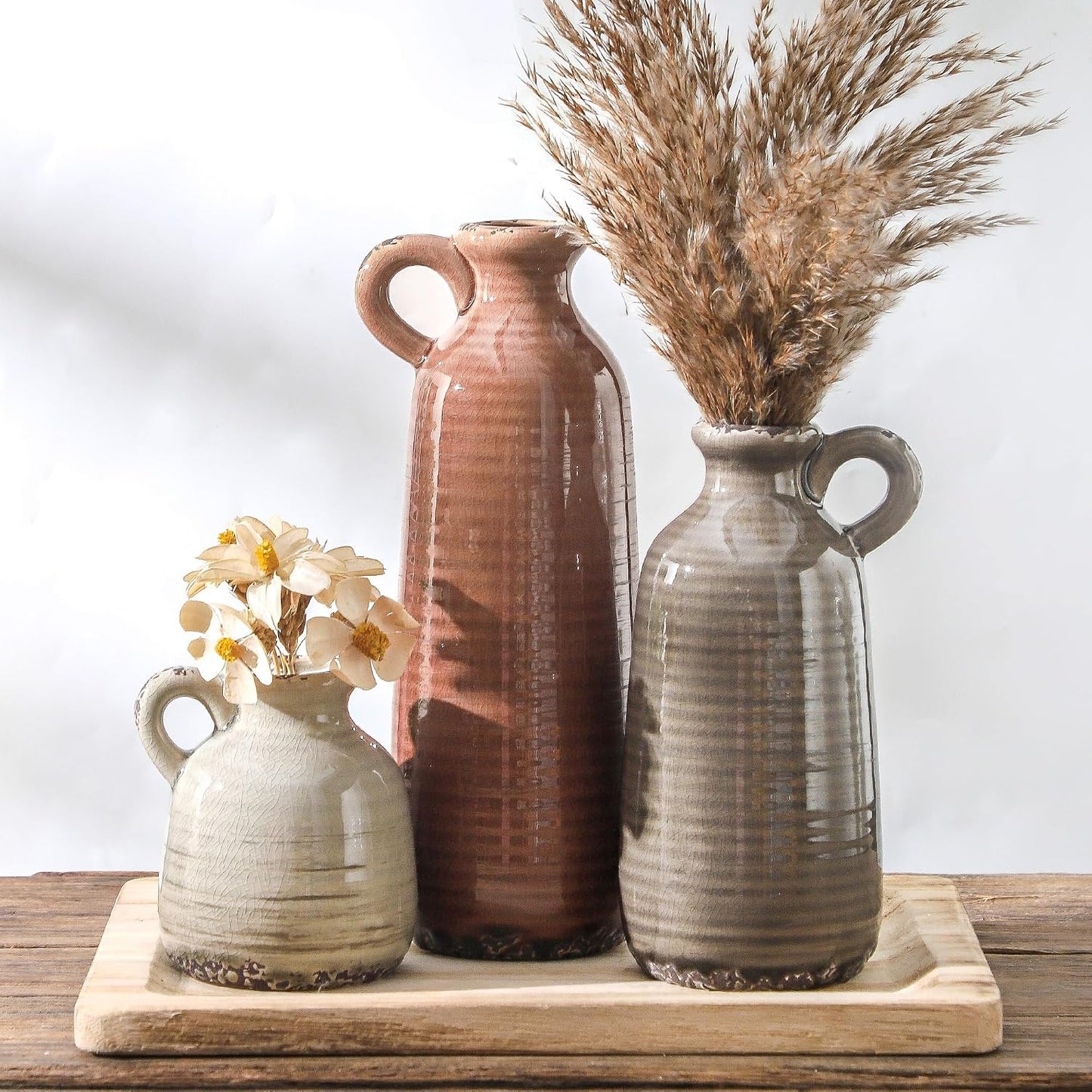 Ceramic Farmhouse Vase Set with Handles – Set of 3