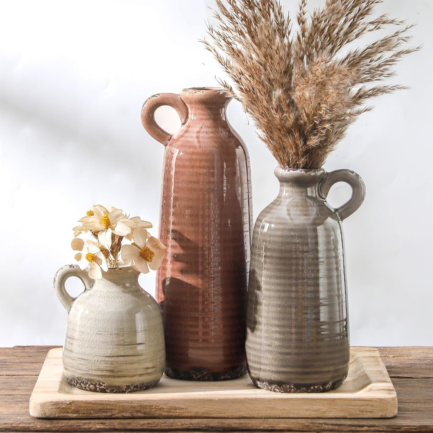 Ceramic Farmhouse Vase Set with Handles – Set of 3