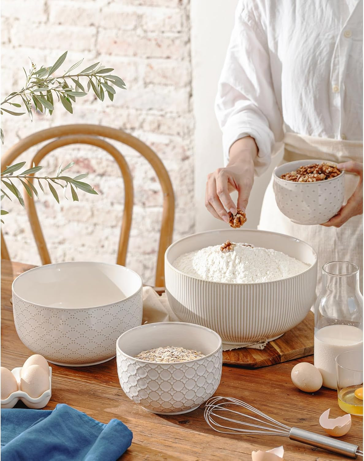 Stoneware mixing bowls for mixing, serving, and meal preparation.
