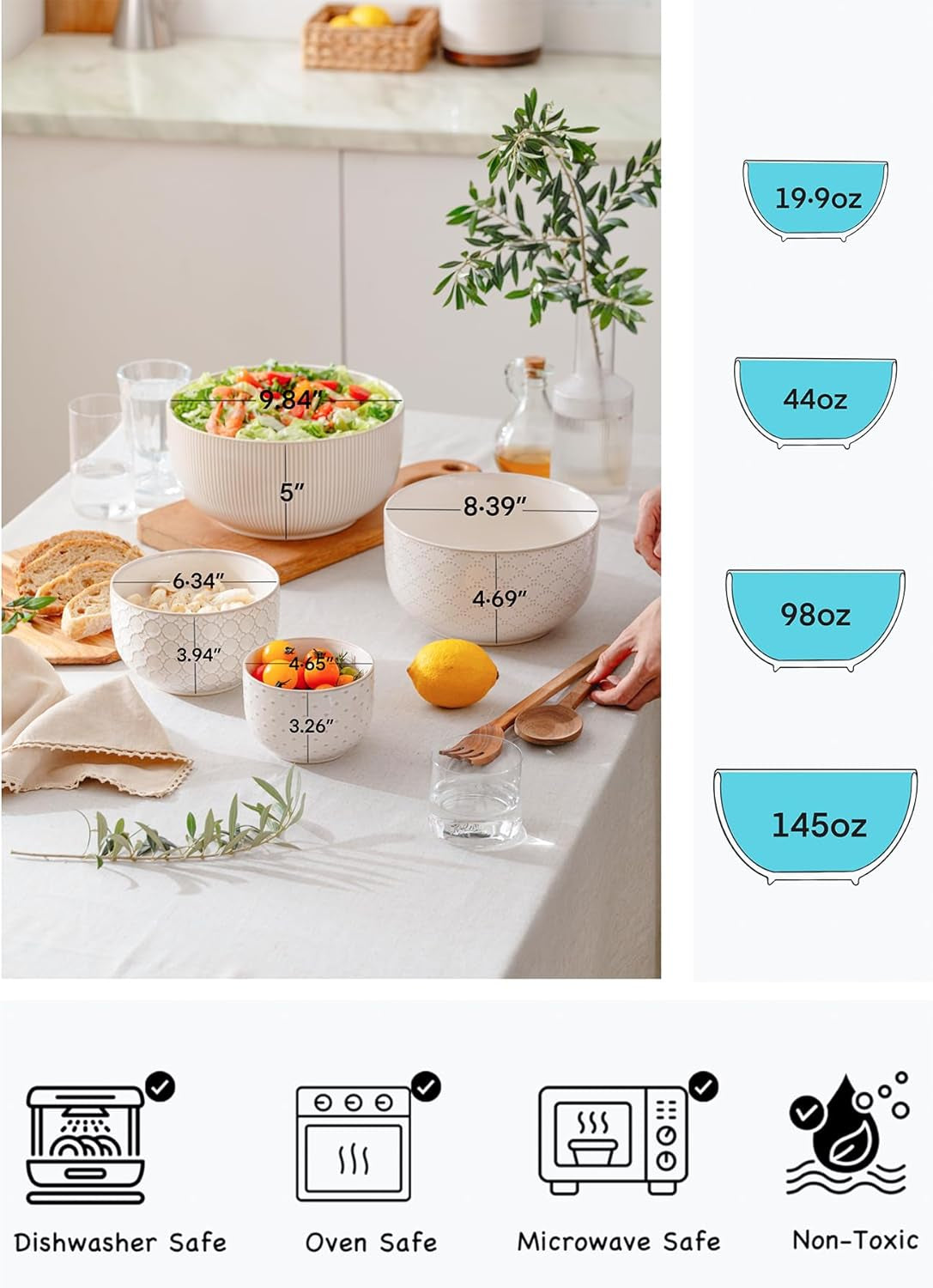 Set of four ceramic mixing bowls showing bowl capacities and microwave, oven, dishwasher, and freezer safe features.