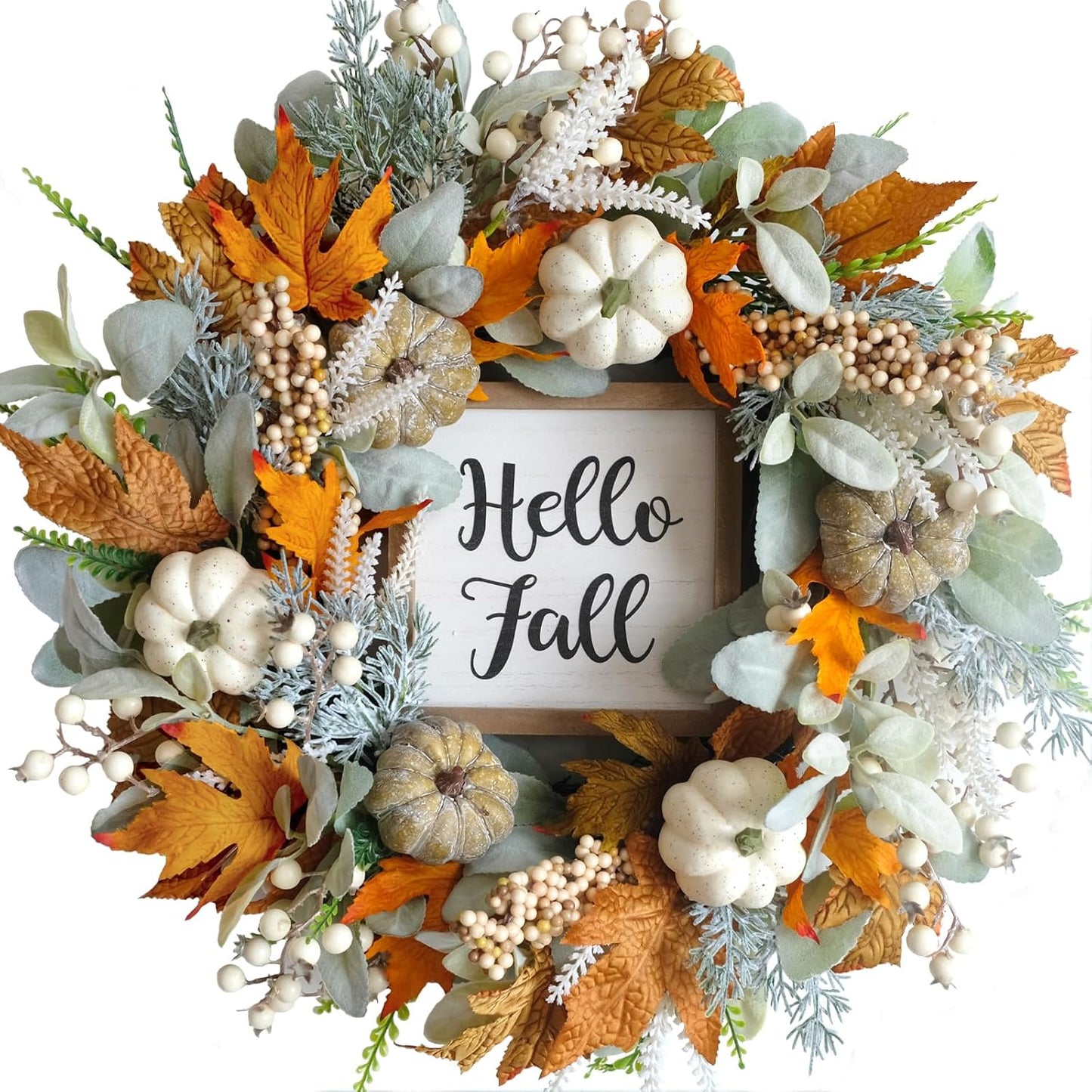 20-Inch Fall Wreath with Eucalyptus, Berries & Pumpkins