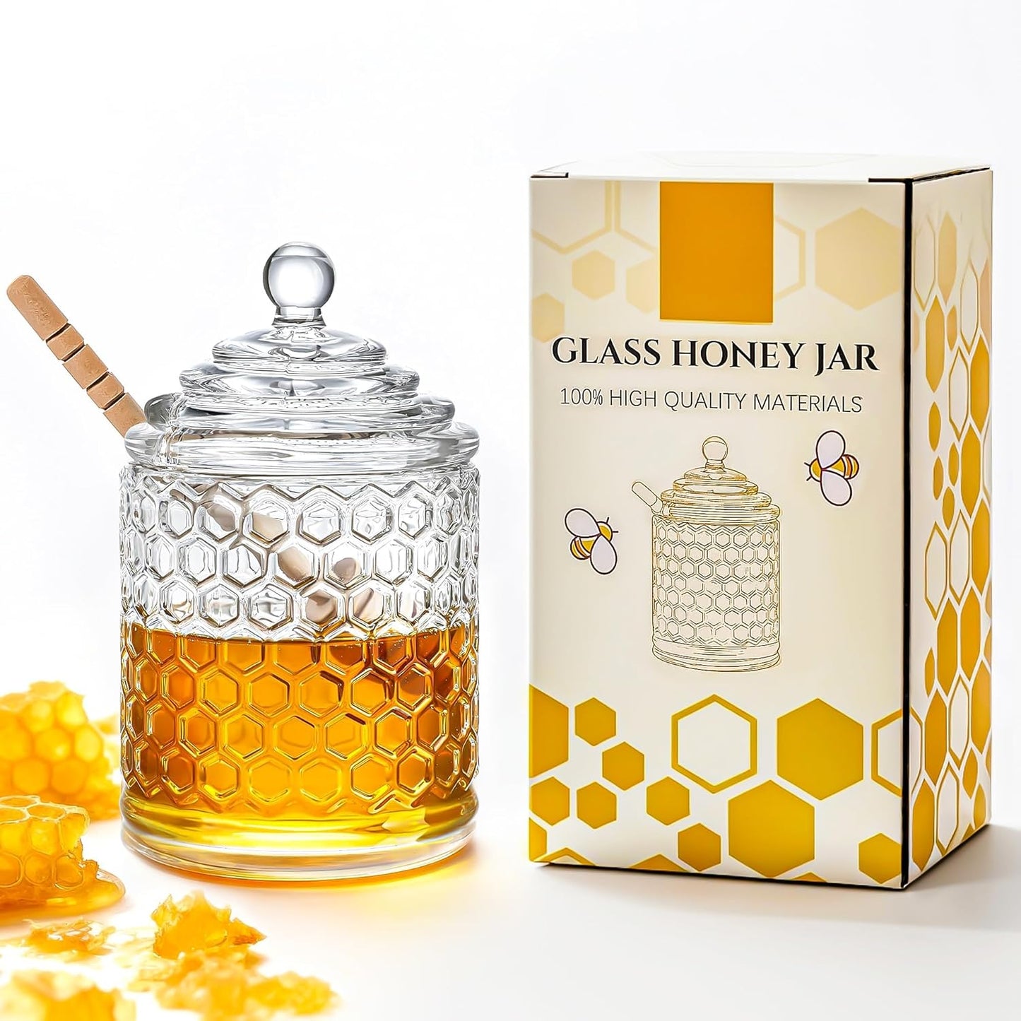 Crystal glass honey jar with wooden dipper and decorative gift box