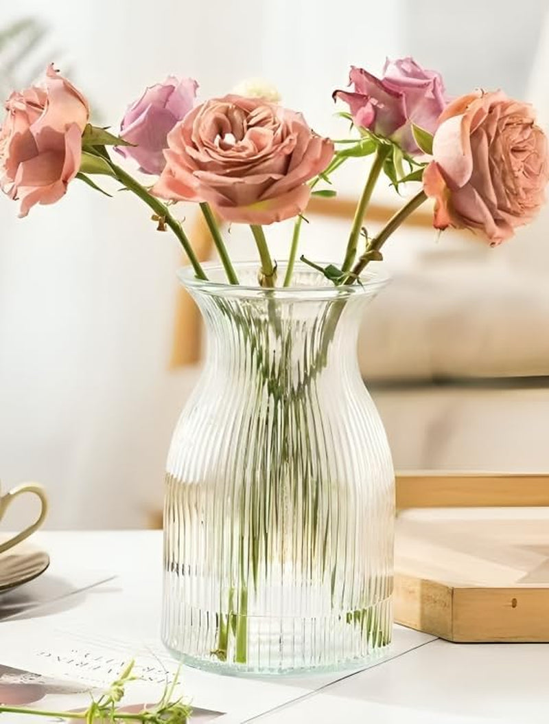 Modern Ribbed Glass Vase | Clear Decorative Flower Vase