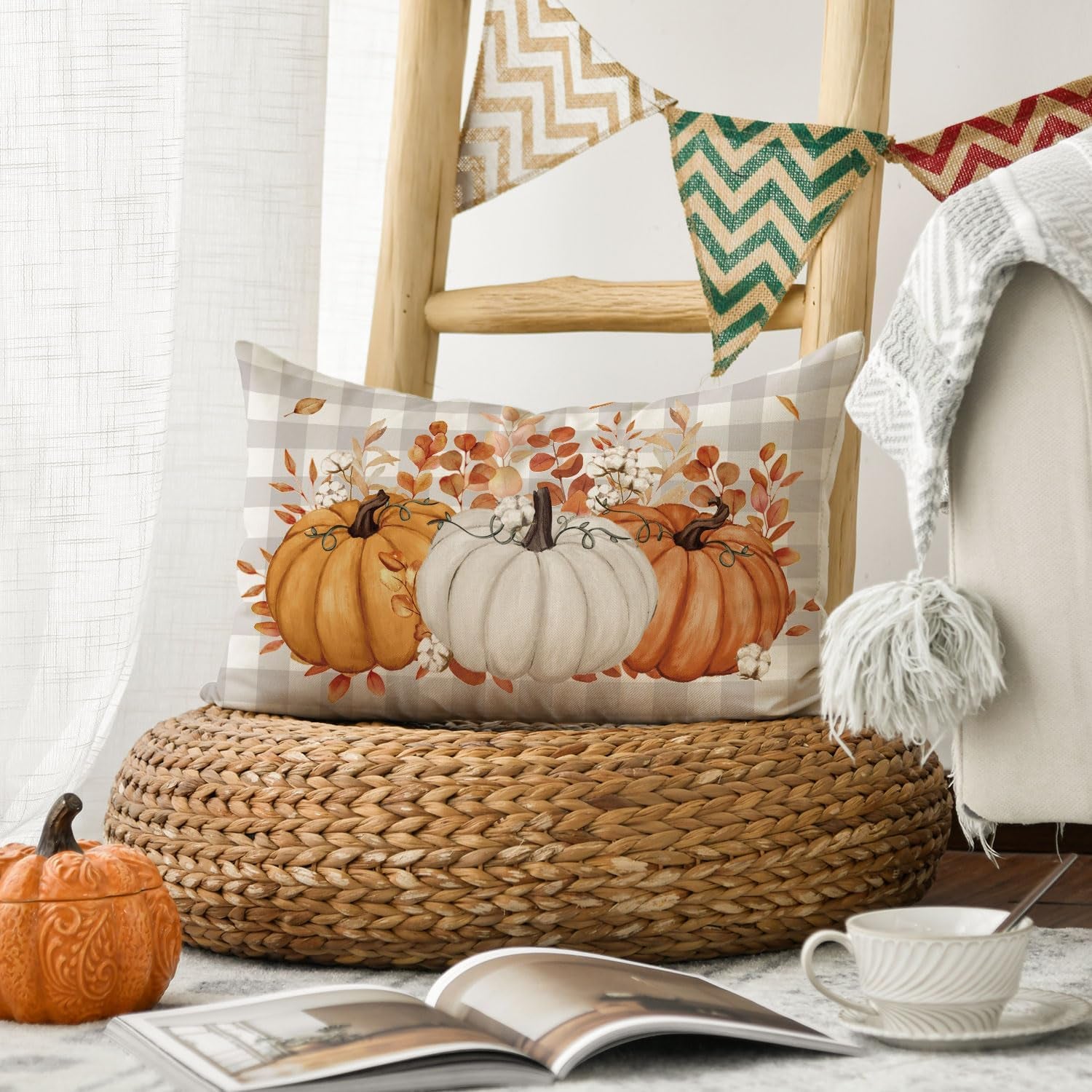 Fall Pumpkin Plaid Throw Pillow Cover – 12" x 20"