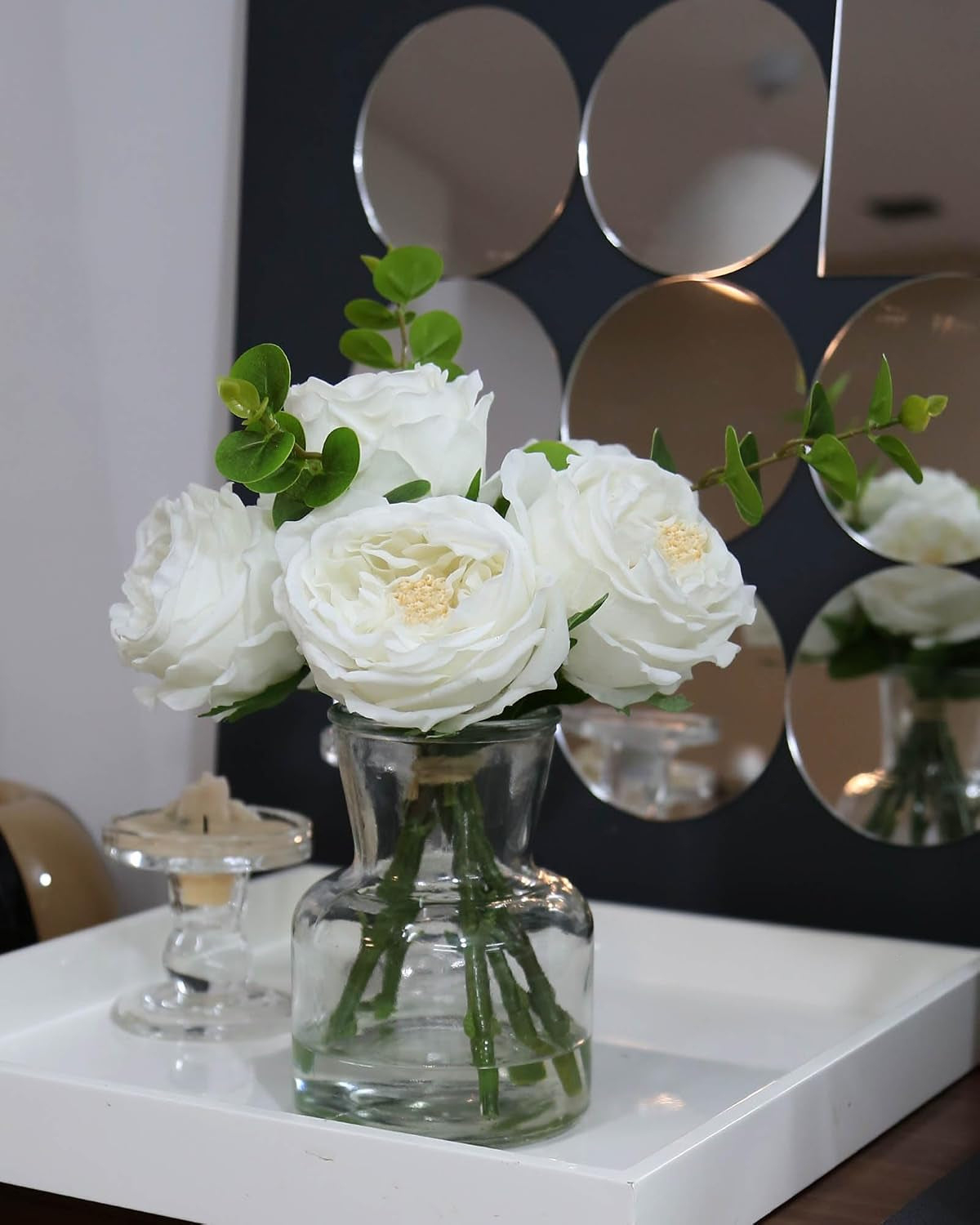 Faux Champagne Rose Arrangement in Glass Vase