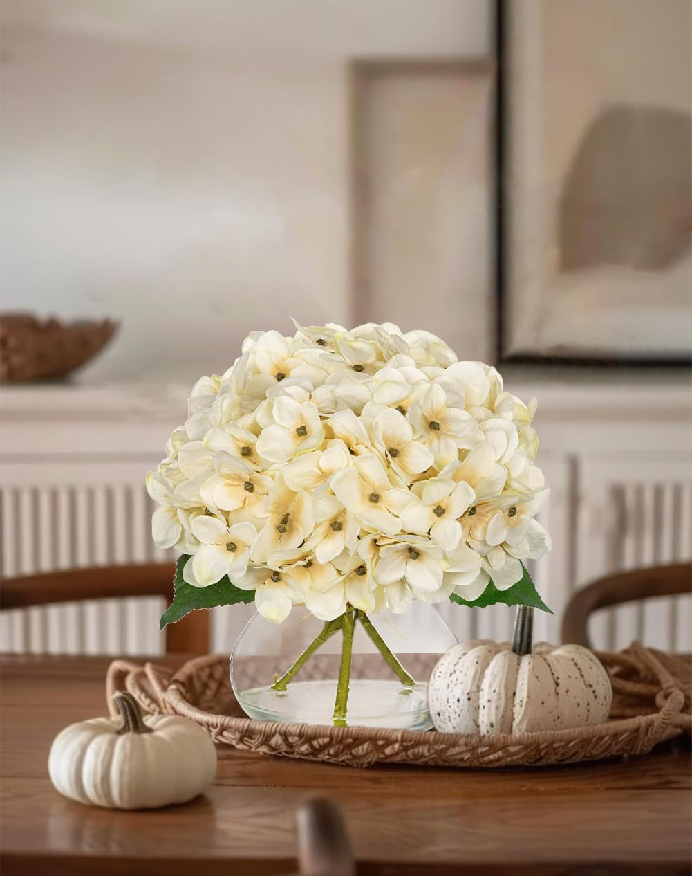 Faux White Hydrangea Arrangement in Glass Vase