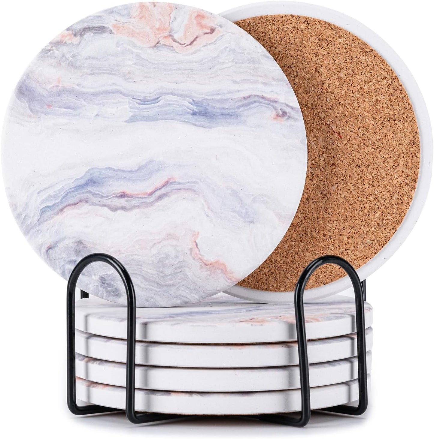 Marble Ceramic Drink Coasters with Holder | Set of 6 Absorbent Coasters