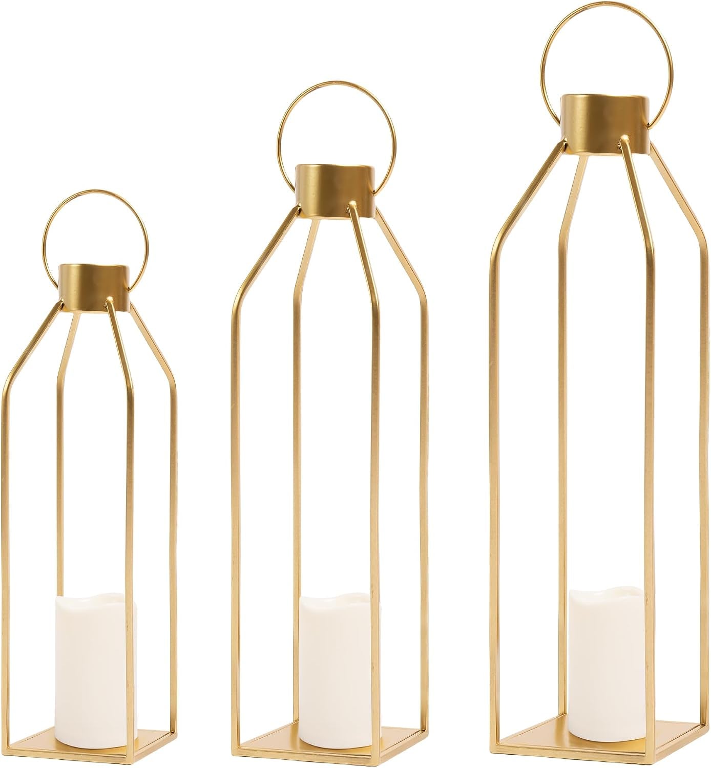 Modern Gold Metal Lantern Set with LED Candles – Set of 2