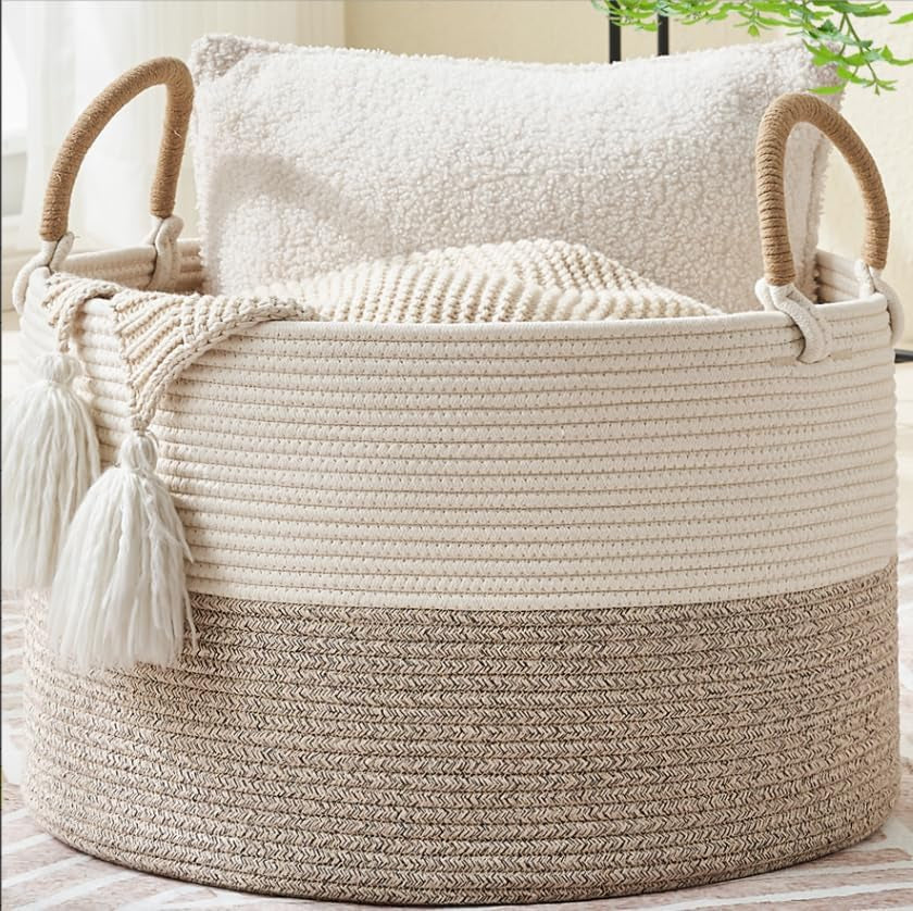 Large Cotton Rope Blanket Basket with Handles | Decorative Storage Basket