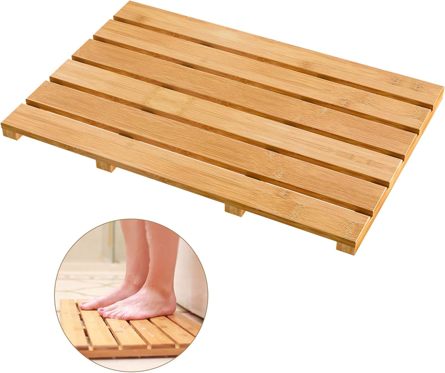 Non-slip bamboo bath mat with natural wood finish for bathrooms, showers, and spa-inspired spaces.