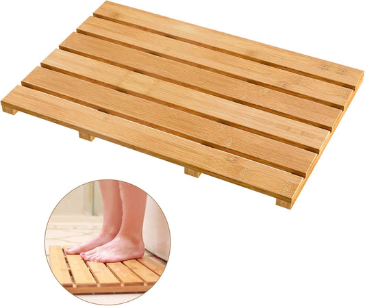 Non-slip bamboo bath mat with natural wood finish for bathrooms, showers, and spa-inspired spaces.