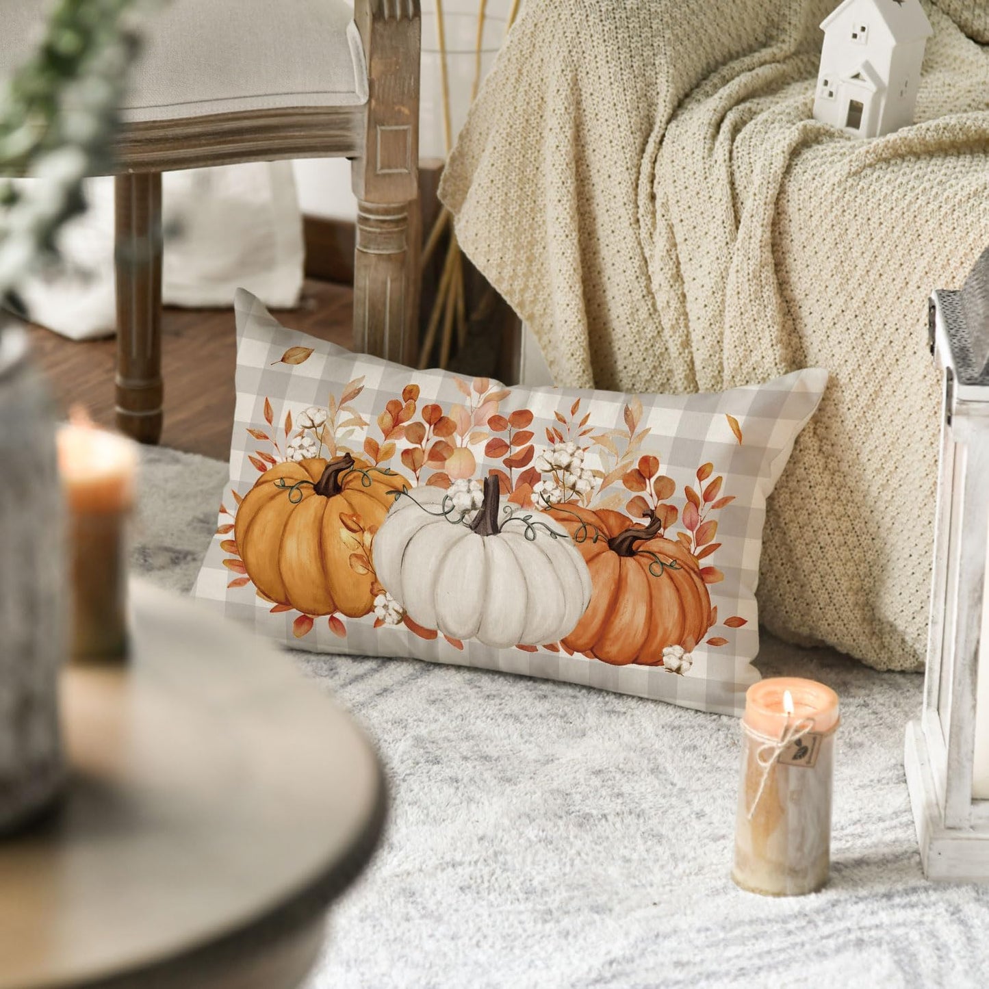 Fall Pumpkin Plaid Throw Pillow Cover – 12" x 20"