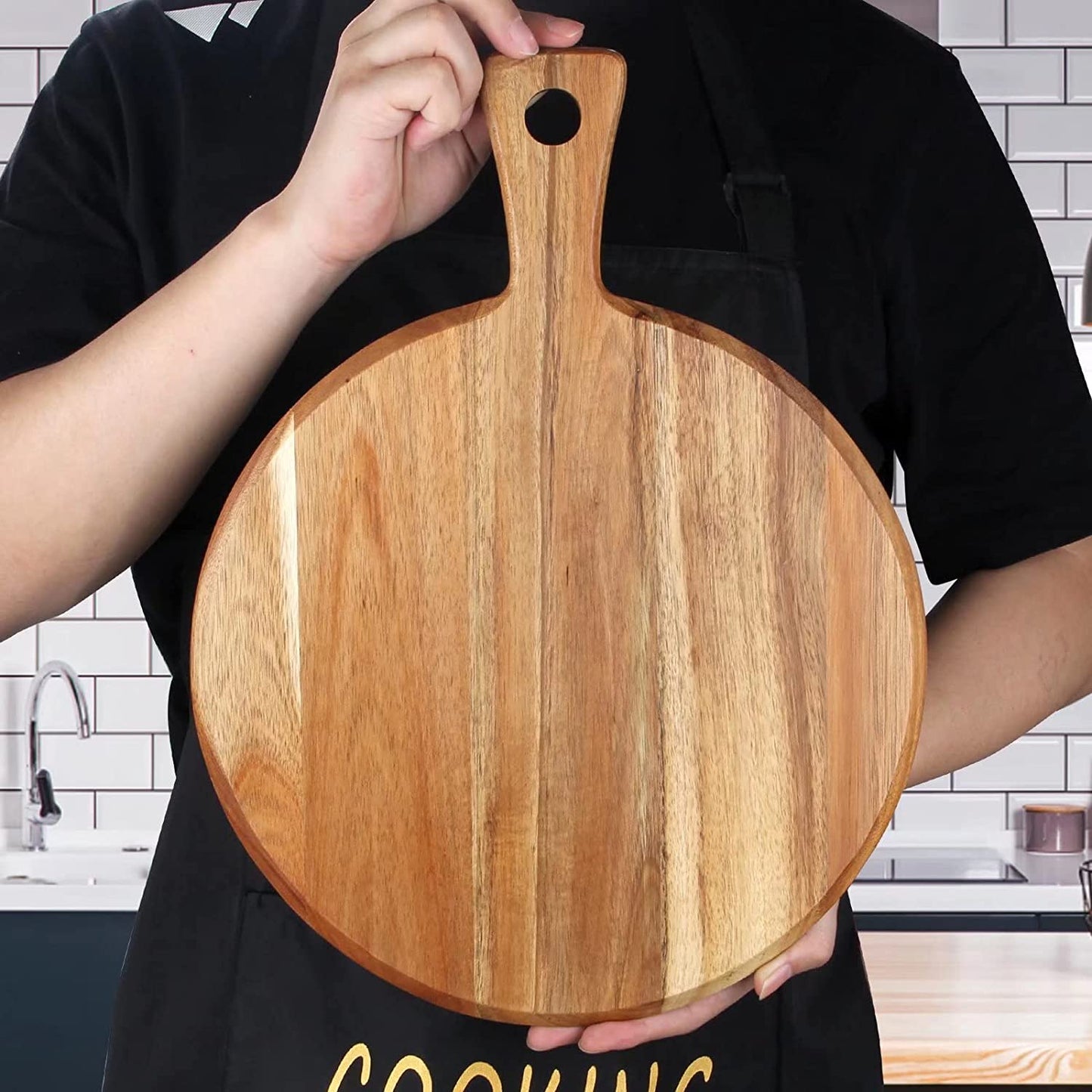 Round Acacia Wood Charcuterie & Serving Board with Handle
