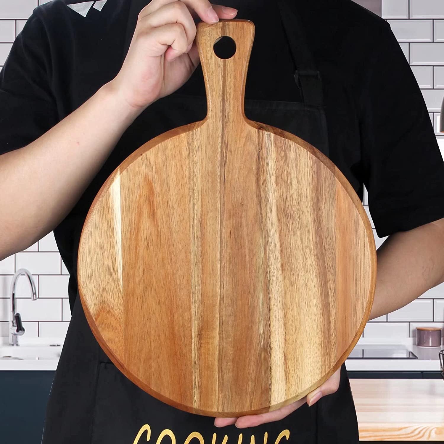 Round Acacia Wood Charcuterie & Serving Board with Handle