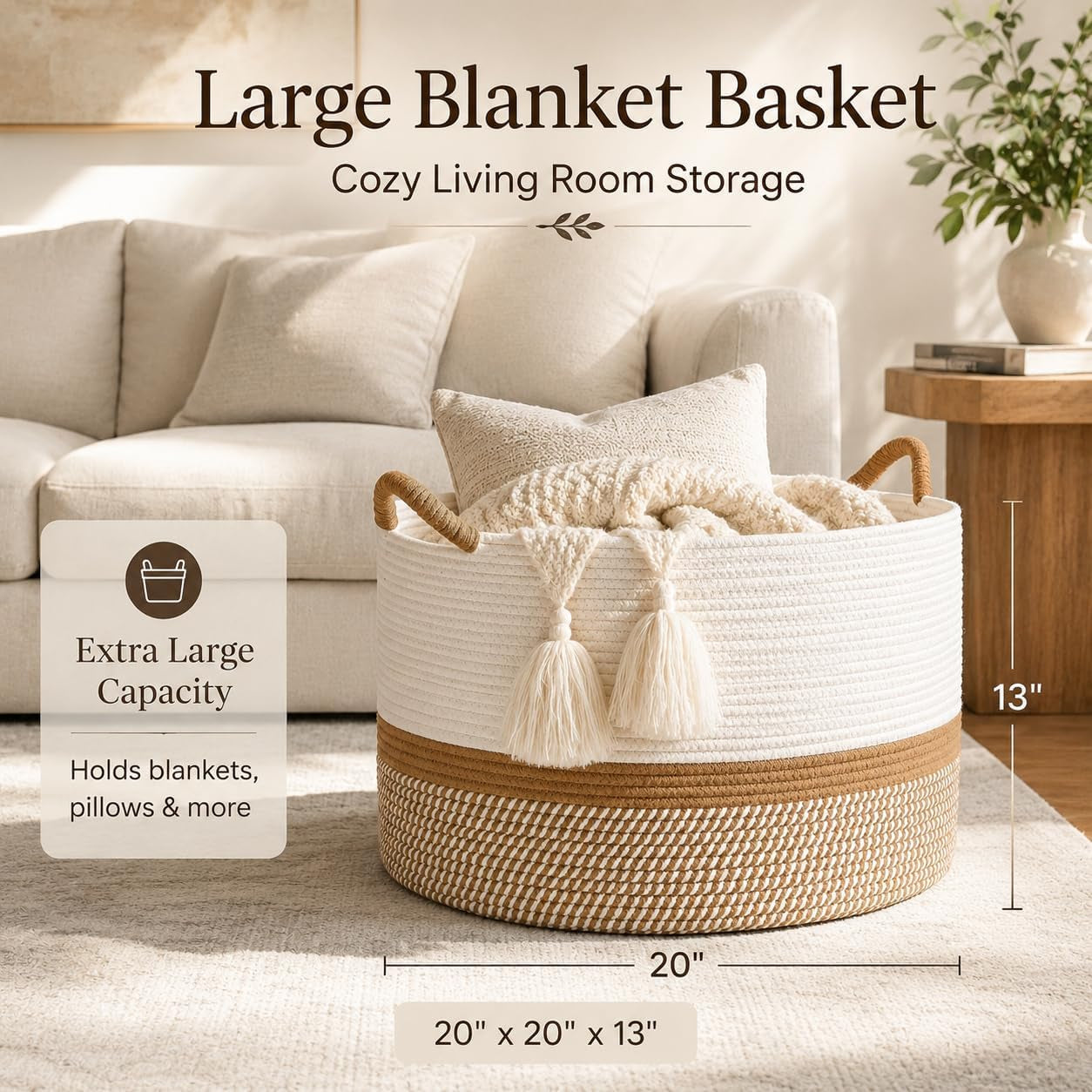 Large Cotton Rope Blanket Basket with Handles | Decorative Storage Basket