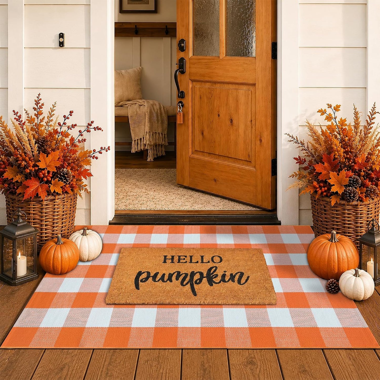 Fall Coir Welcome Mat & Plaid Rug Set
